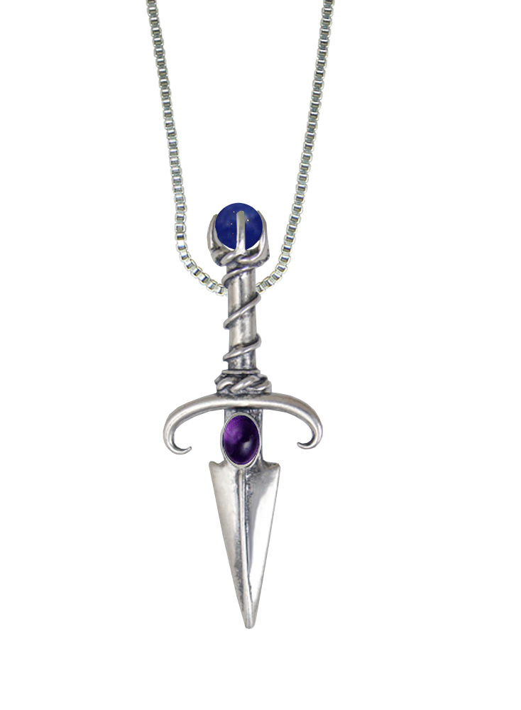 Sterling Silver Black Prince's Knife Dagger Pendant With Amethyst And Sodalite